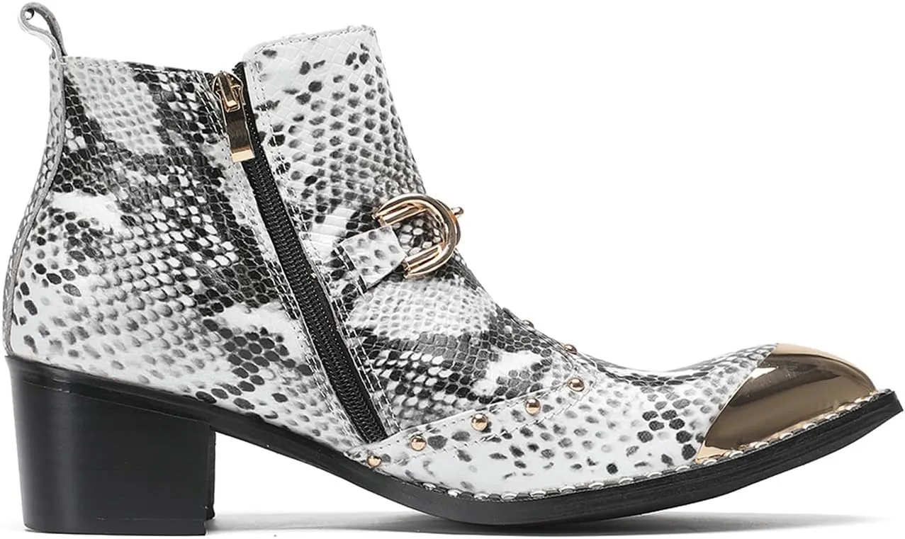 Santimon Men’s Snake-Print & Leather Chelsea Cowboy Boots – Metal Pointed Toe, Horsebit Buckle, Studded Zipper Ankle Western Boot, 2" Block Heel Fashion Rock & Rodeo Footwear