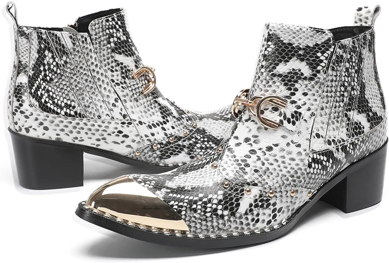 Santimon Men’s Snake-Print & Leather Chelsea Cowboy Boots – Metal Pointed Toe, Horsebit Buckle, Studded Zipper Ankle Western Boot, 2" Block Heel Fashion Rock & Rodeo Footwear
