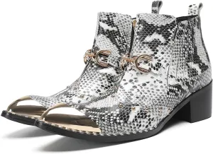 Santimon Men’s Snake-Print & Leather Chelsea Cowboy Boots – Metal Pointed Toe, Horsebit Buckle, Studded Zipper Ankle Western Boot, 2" Block Heel Fashion Rock & Rodeo Footwear