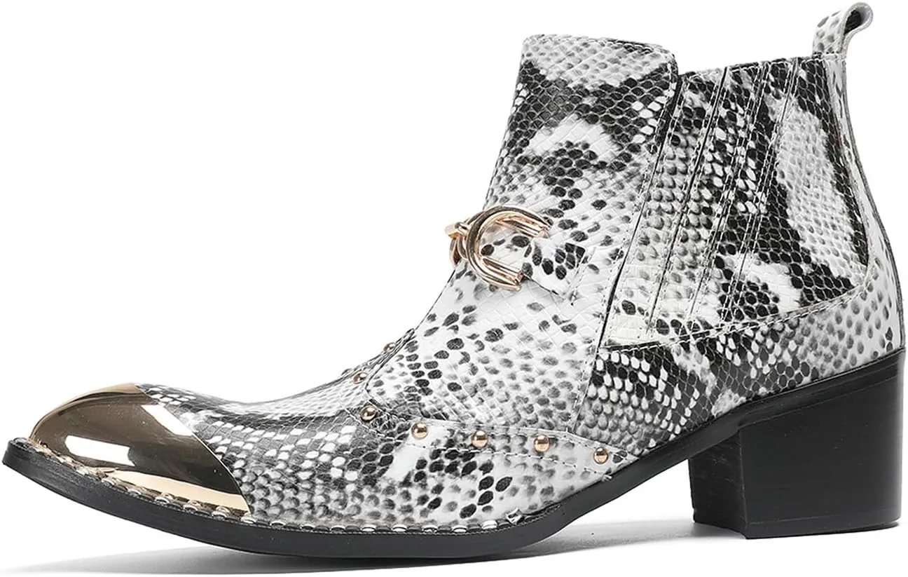 Santimon Men’s Snake-Print & Leather Chelsea Cowboy Boots – Metal Pointed Toe, Horsebit Buckle, Studded Zipper Ankle Western Boot, 2" Block Heel Fashion Rock & Rodeo Footwear