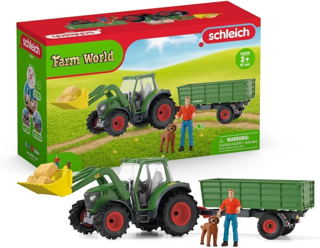Schleich Farm World - 7 PC Green Tractor with Trailer Toy Playset with Farmer and Dog Figurine for Boys and Girls - Ranch Farming Figures - Farm Equipment Toys for Kids and Toddlers Ages 3 