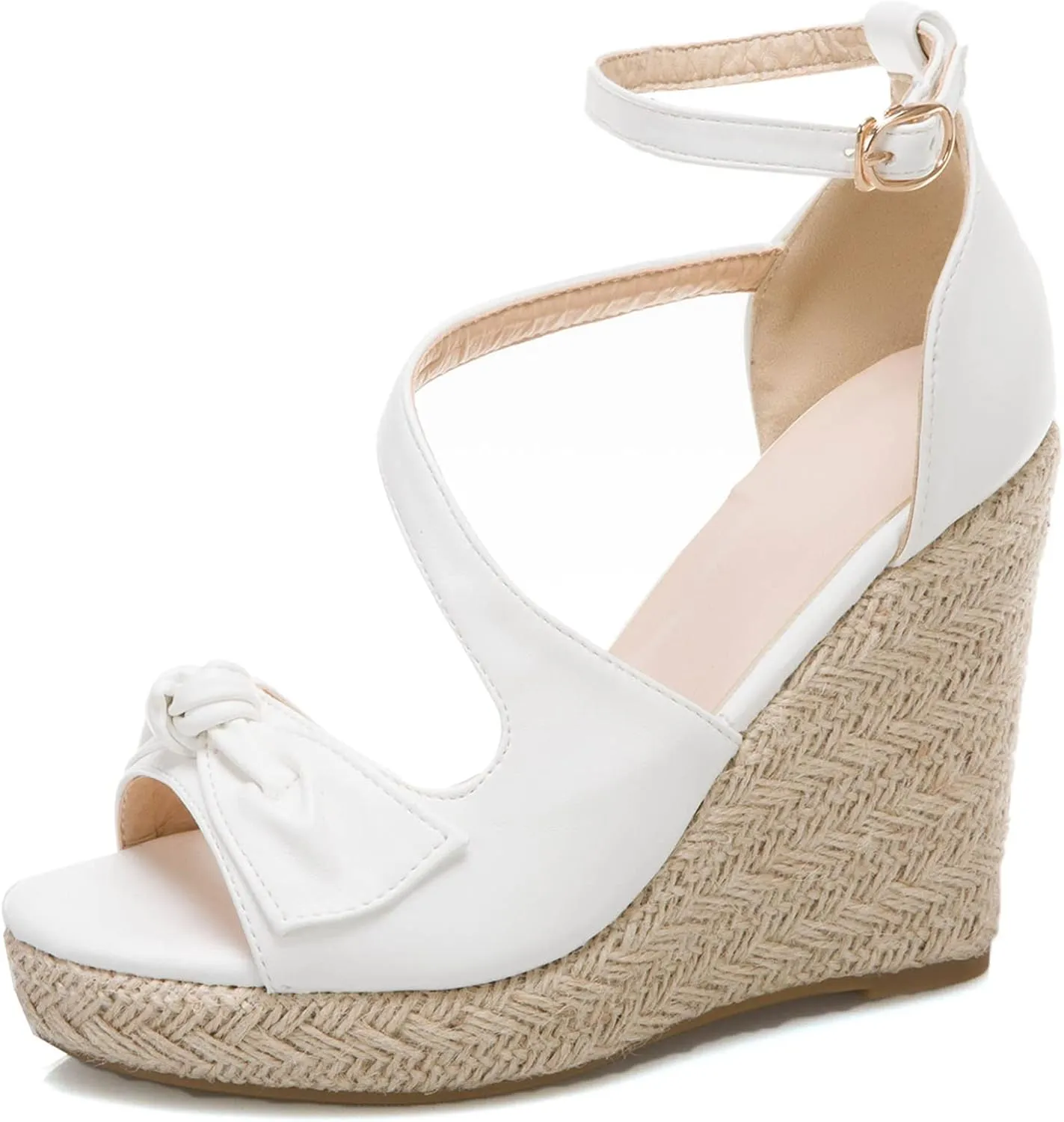 SHEMEE Women's Round Open Toe Espadrille Wedge Sandals Platform High Heel Ankle Strap Buckle Bow Sandalias Summer Shoes