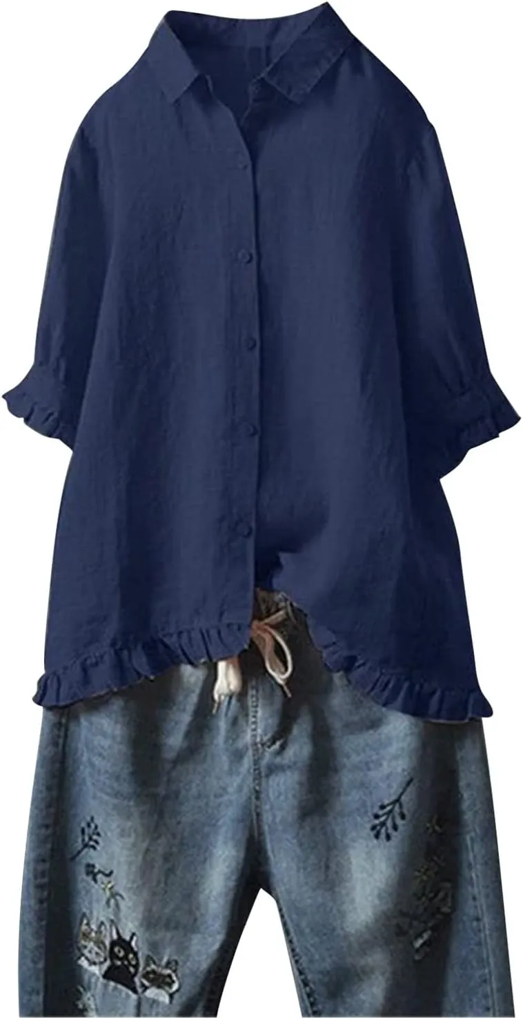 Shirts for Women 2025 Summer Cotton Dress Shirts Long Sleeve Oversized Solid Tunic Tops Casual Blouses with Pockets