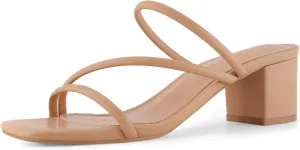 Shoe'N Tale Strappy Heels For Women Low Chunky Block Heel Heeled Sandals Square Open Toe Slip On Slides Mules