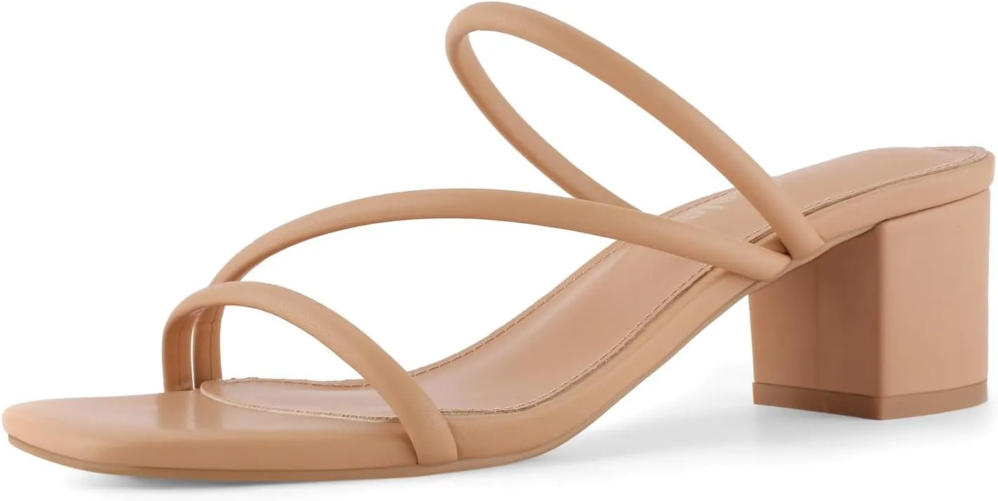 Shoe'N Tale Strappy Heels For Women Low Chunky Block Heel Heeled Sandals Square Open Toe Slip On Slides Mules