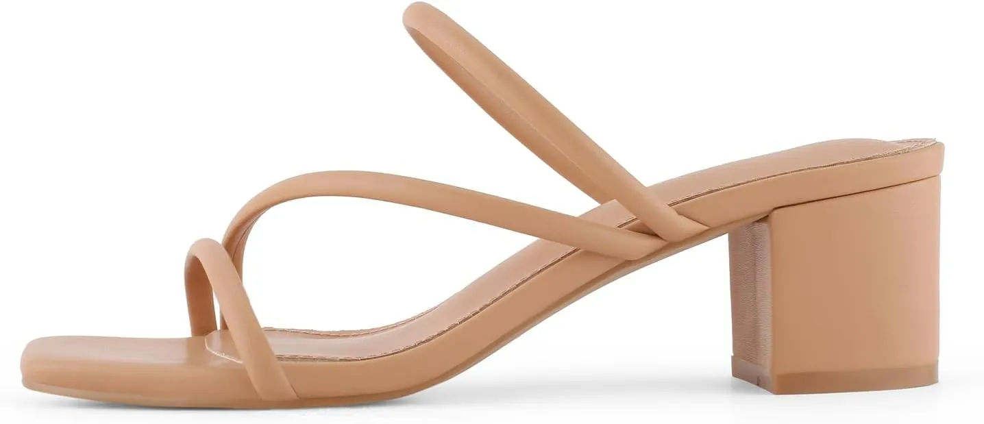 Shoe'N Tale Strappy Heels For Women Low Chunky Block Heel Heeled Sandals Square Open Toe Slip On Slides Mules