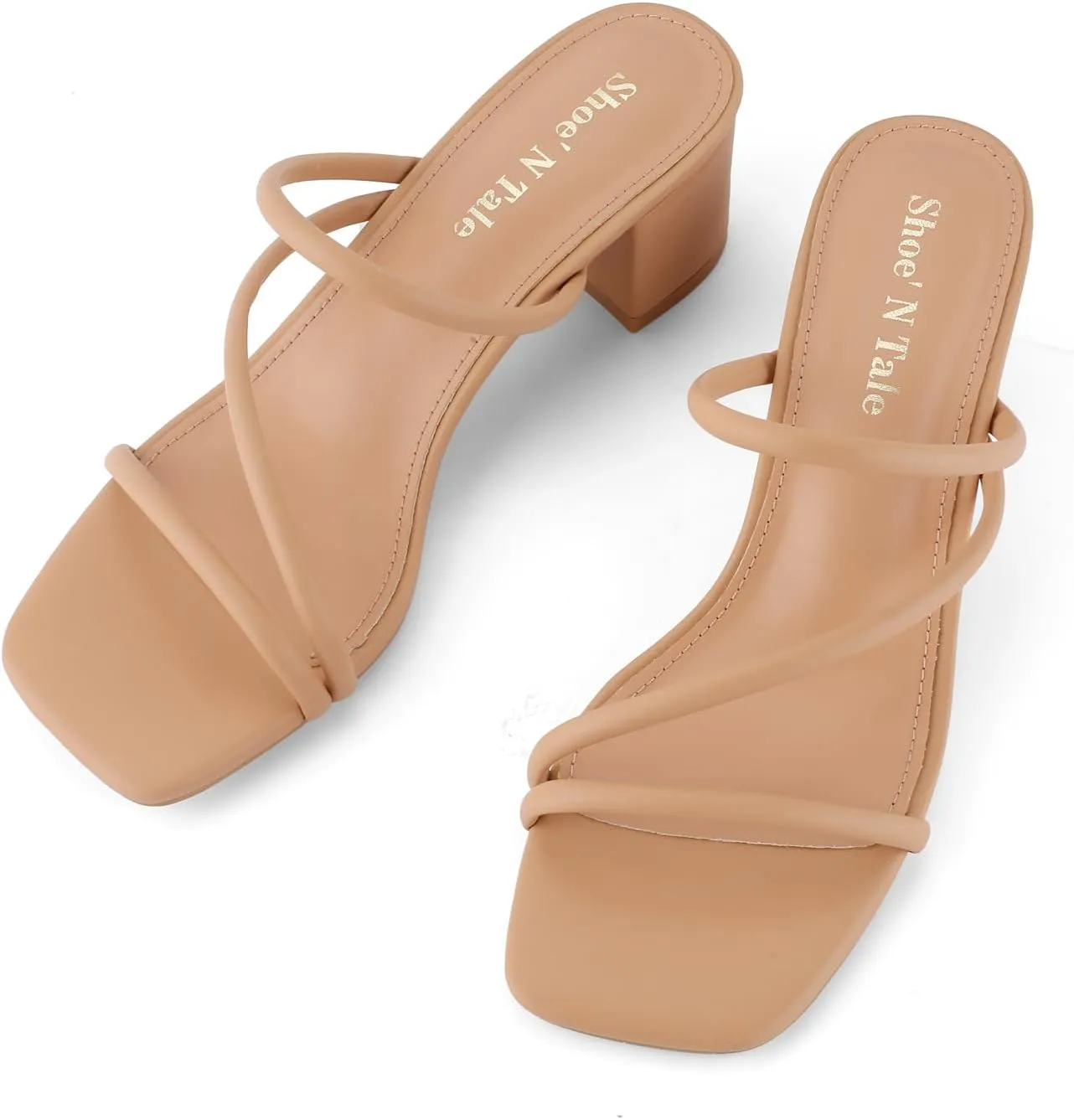Shoe'N Tale Strappy Heels For Women Low Chunky Block Heel Heeled Sandals Square Open Toe Slip On Slides Mules