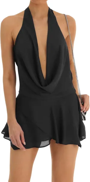 Springcmy Women Y2k Mesh Ruffle Mini Dress V Neck Low Cut Irregular Ruffle Dress Sleeveless Fringed Club Dress Beach Dress