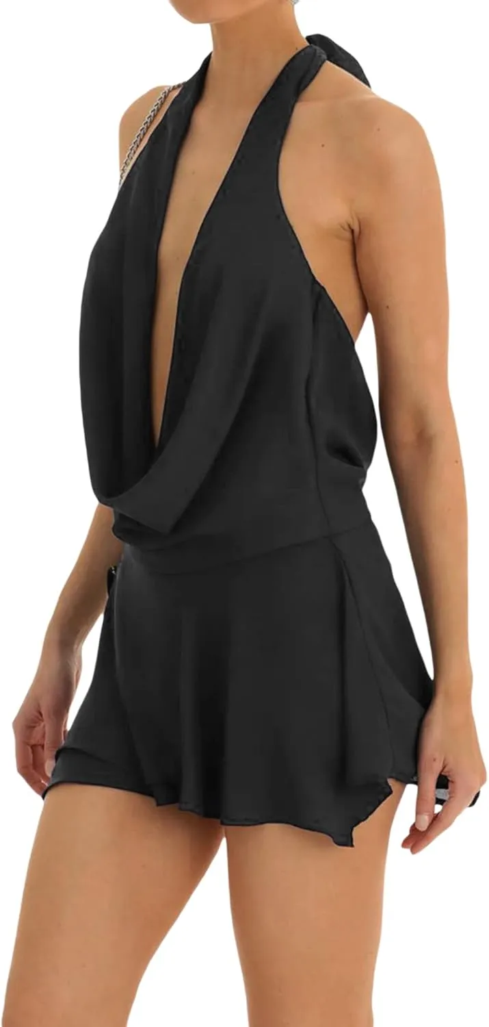 Springcmy Women Y2k Mesh Ruffle Mini Dress V Neck Low Cut Irregular Ruffle Dress Sleeveless Fringed Club Dress Beach Dress