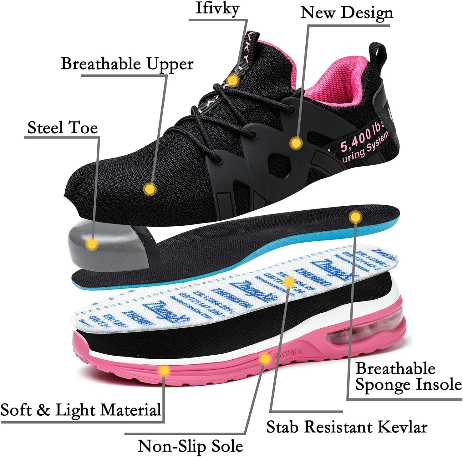 Steel Toe Shoes for Women Lightweight Air Cushion Breathable Work Shoes Comfortable Puncture Proof Slip Resistant Safety Shoes Indestructible Composite Toe Sneakers Industrial Footwear