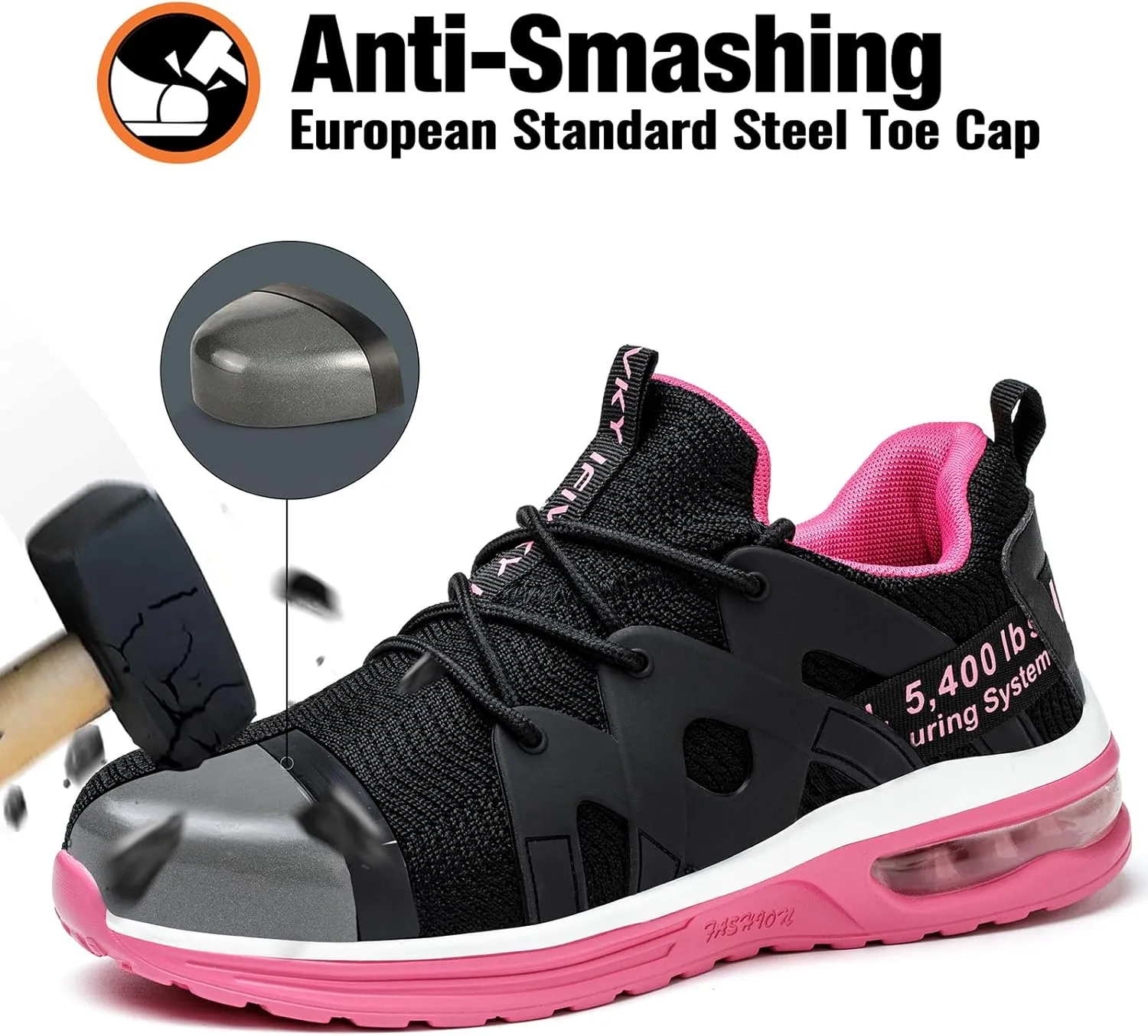 Steel Toe Shoes for Women Lightweight Air Cushion Breathable Work Shoes Comfortable Puncture Proof Slip Resistant Safety Shoes Indestructible Composite Toe Sneakers Industrial Footwear