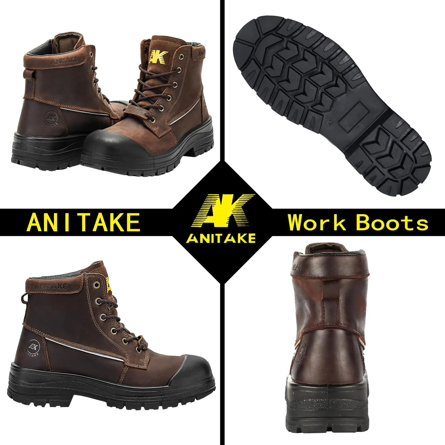 Steel Toe Work Boots for Men,6 inch, Full Grain Leather, electrical insulation, Non-Slip, Impact Resistance, Breathable & Comfortable Safety Boots