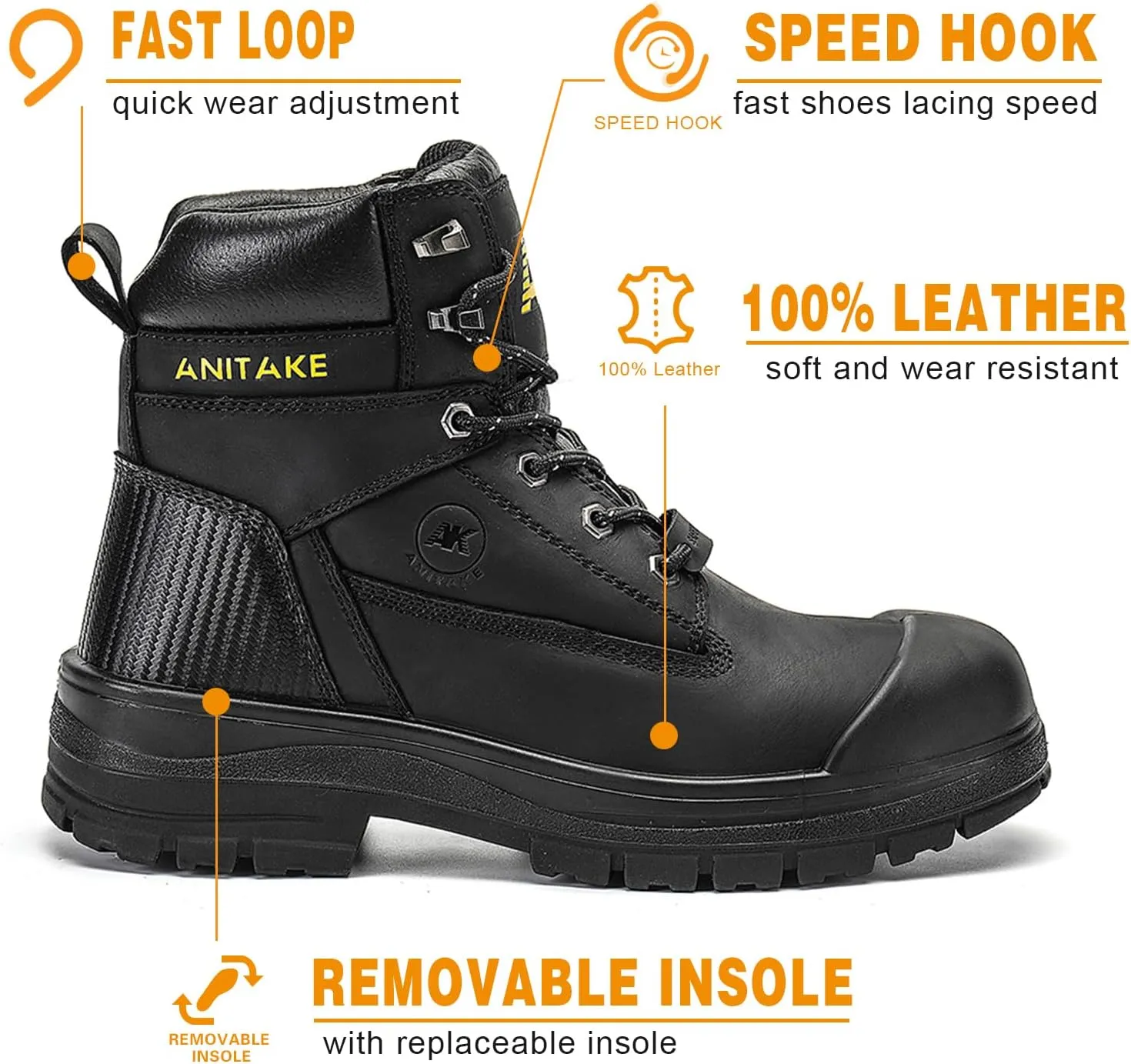 Steel Toe Work Boots for Men,6 inch, Full Grain Leather, electrical insulation, Non-Slip, Impact Resistance, Breathable & Comfortable Safety Boots
