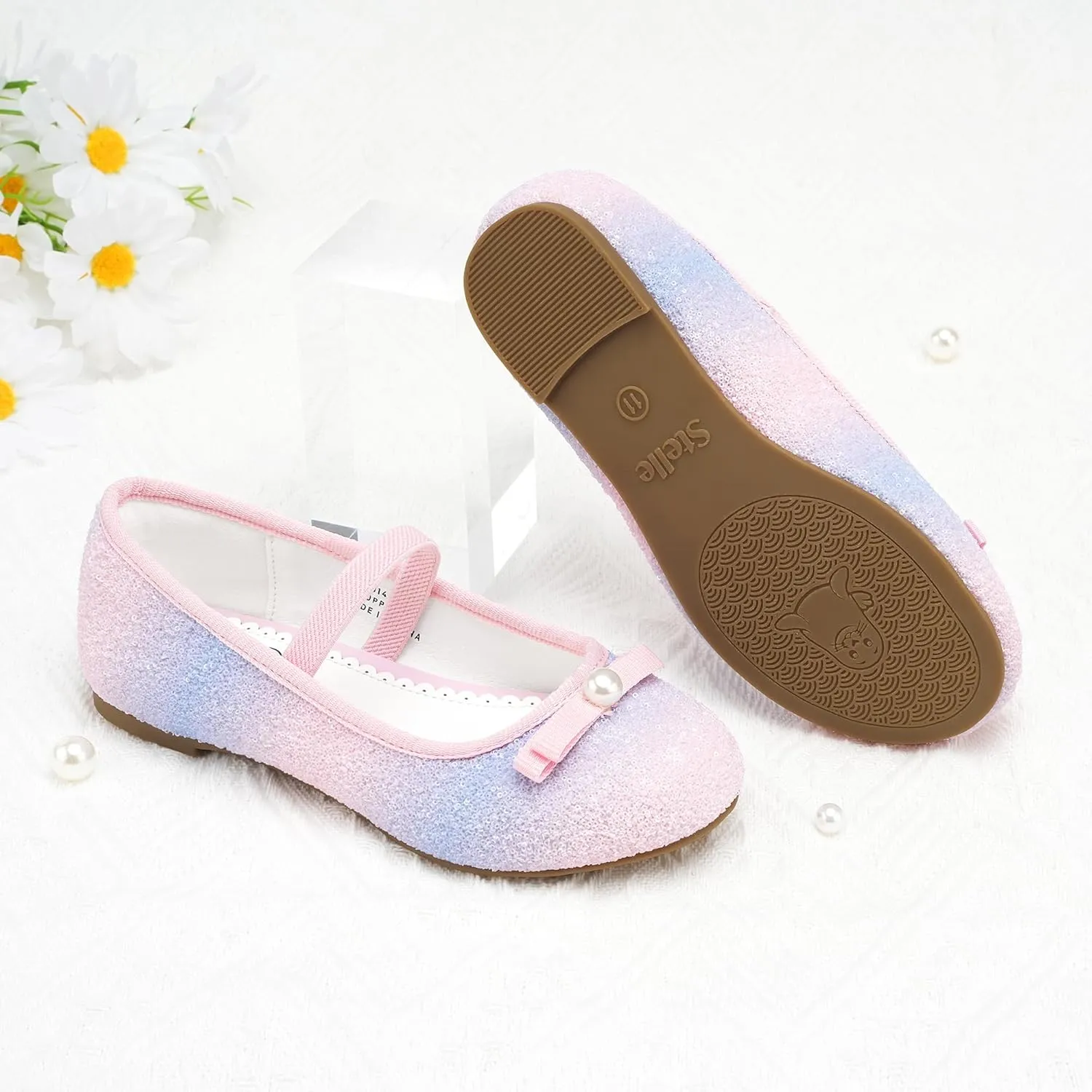 Stelle Girls Glitter Dress Shoes Flower Wedding Mary Jane Ballet Flats with Strap Toddler/Little/Big Kids