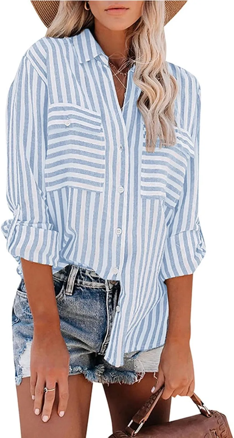 Striped T Shirt Women Button up Roll up Sleeve Blouses Top V Neck Striped Collared Casual Tunic Shirts Blouse Tops