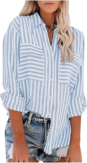 Striped T Shirt Women Button up Roll up Sleeve Blouses Top V Neck Striped Collared Casual Tunic Shirts Blouse Tops