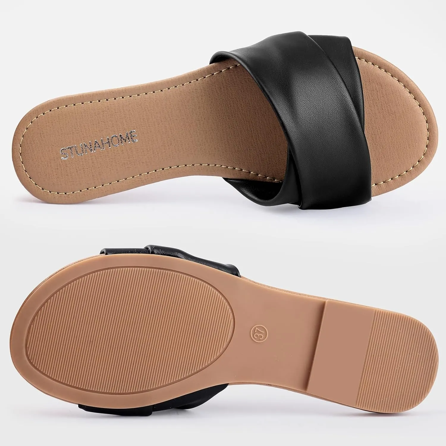 STUNAHOME Womens Flat Sandals Summer Slip On Slides Round Toe Leather Sandals Crisscross Slippers
