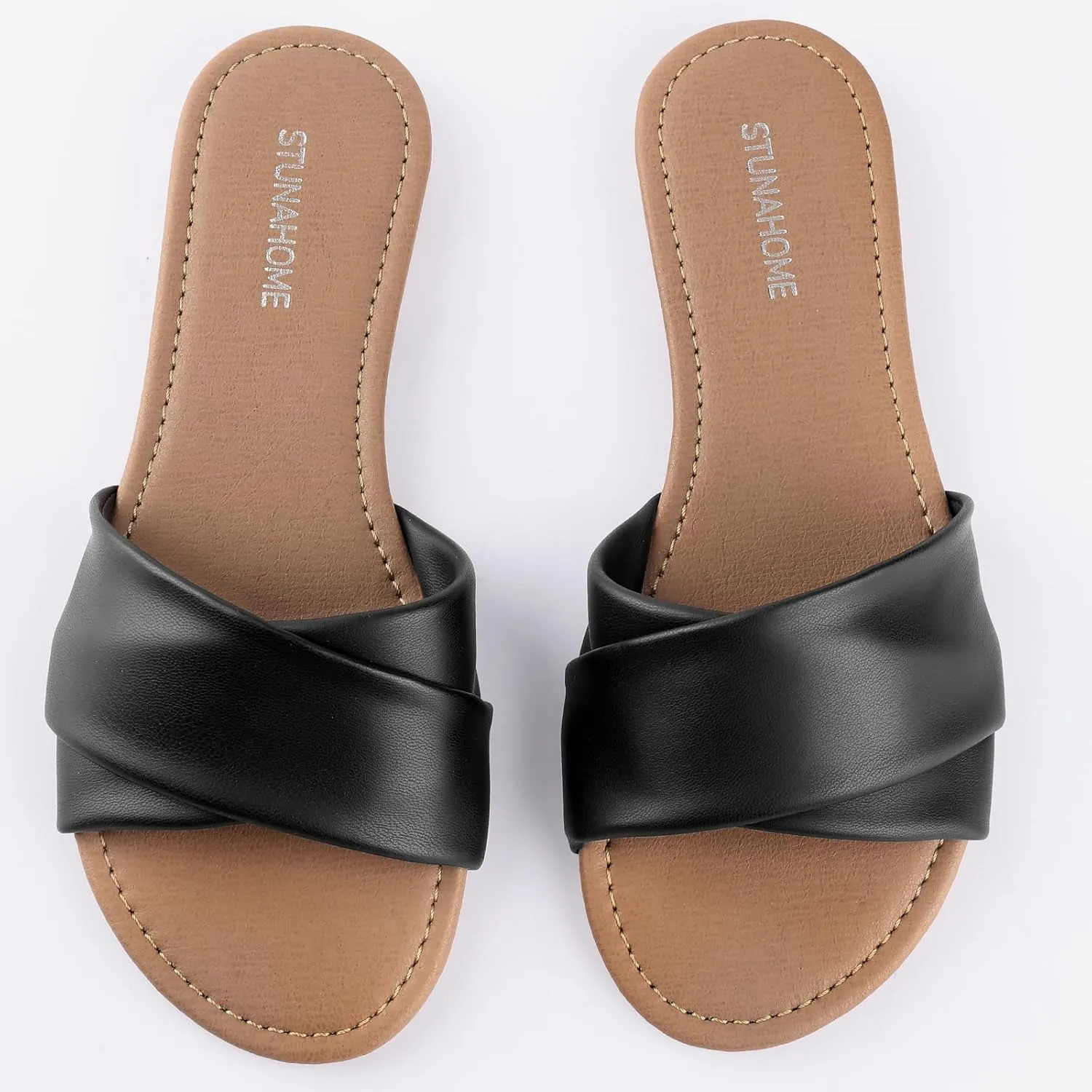 STUNAHOME Womens Flat Sandals Summer Slip On Slides Round Toe Leather Sandals Crisscross Slippers