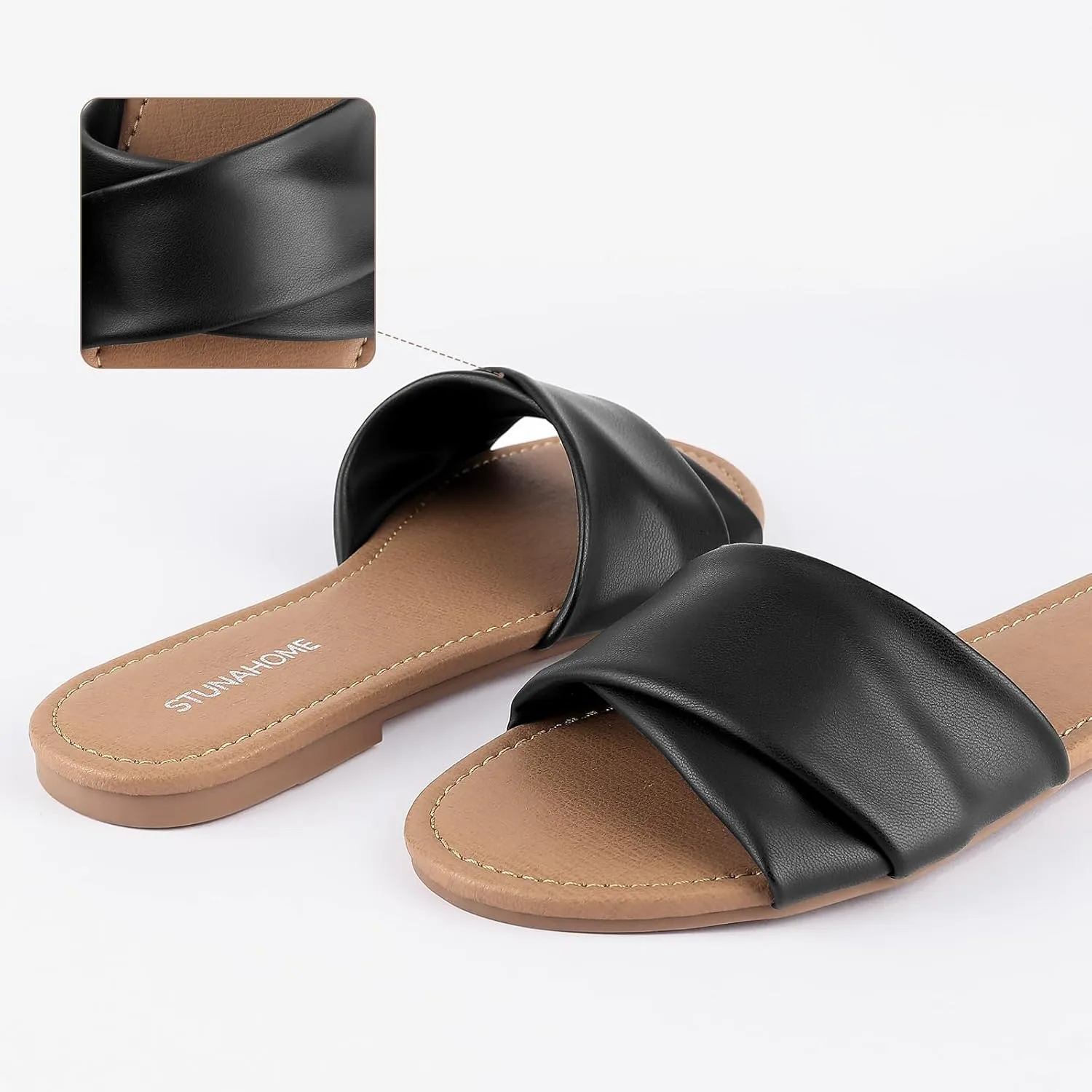 STUNAHOME Womens Flat Sandals Summer Slip On Slides Round Toe Leather Sandals Crisscross Slippers
