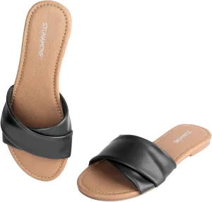 STUNAHOME Womens Flat Sandals Summer Slip On Slides Round Toe Leather Sandals Crisscross Slippers