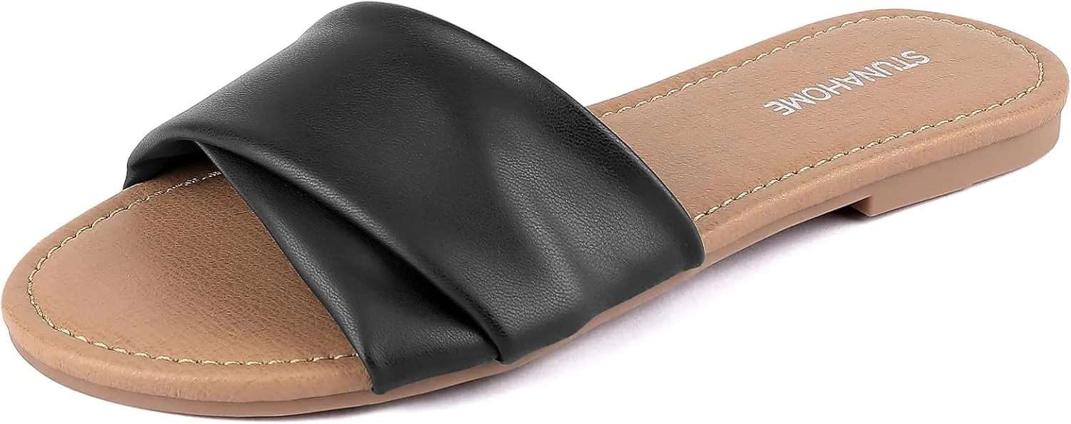 STUNAHOME Womens Flat Sandals Summer Slip On Slides Round Toe Leather Sandals Crisscross Slippers