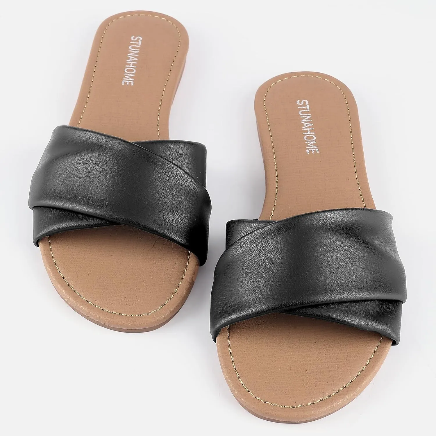 STUNAHOME Womens Flat Sandals Summer Slip On Slides Round Toe Leather Sandals Crisscross Slippers