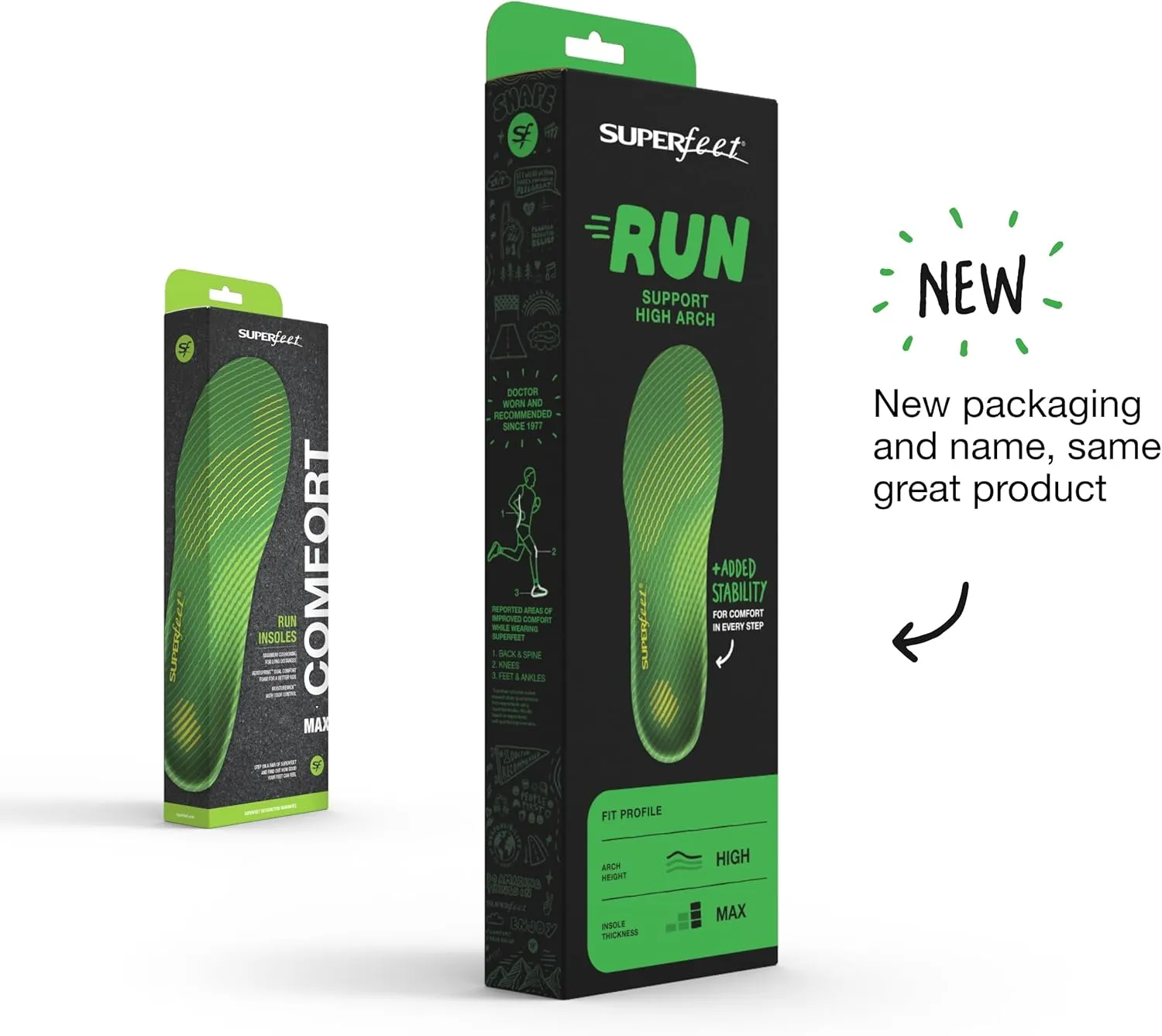Superfeet Run Support High Arch Insoles - High Arch Support - Trim-to-Fit Carbon Fiber Orthotic Shoe Inserts for Running Shoes - Professional Grade - 7.5-9 Men / 8.5-10 Women