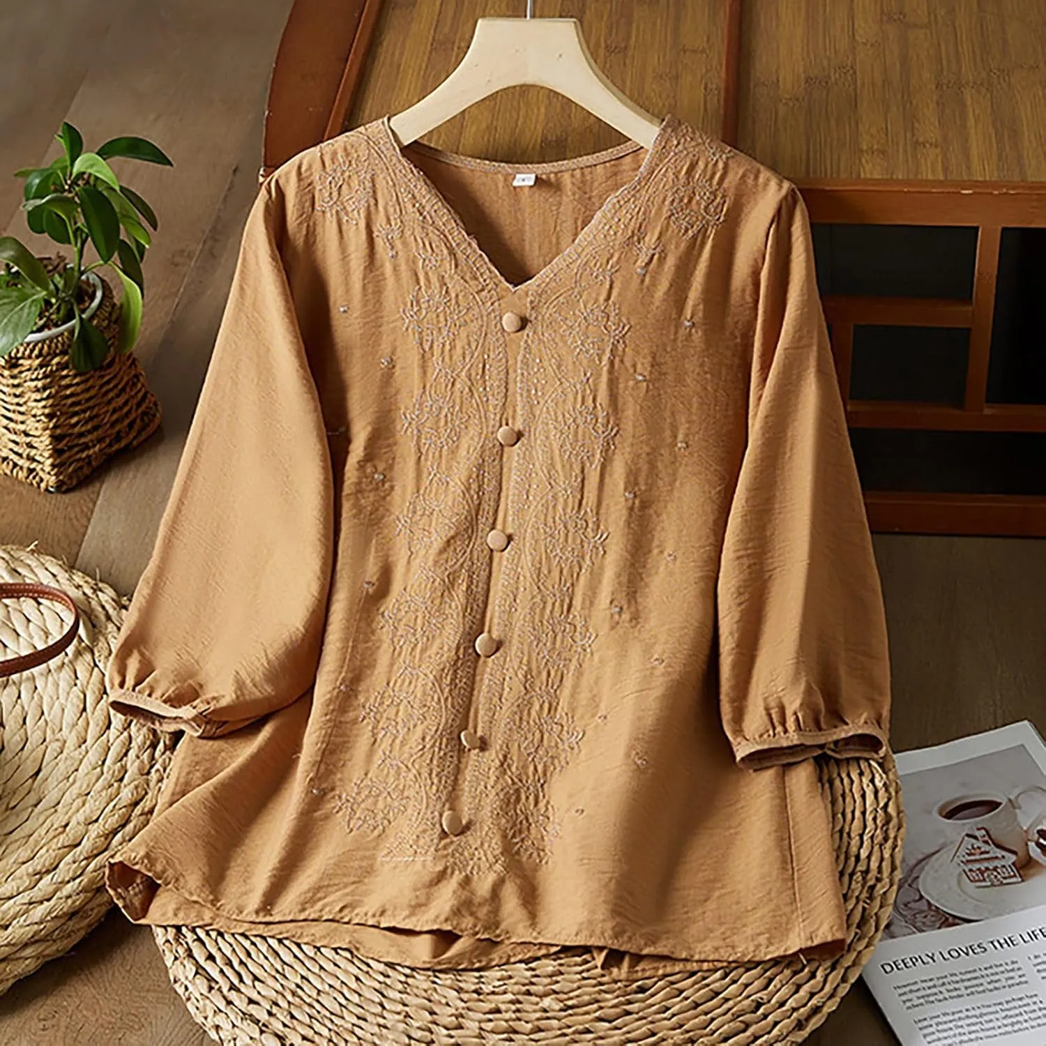 Swimsuit Coverup for Women 2025 Trendy V Neck Roll up Sleeve Tops Boho Button down Blouses Beach Swimsuit Coverup