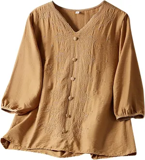 Swimsuit Coverup for Women 2025 Trendy V Neck Roll up Sleeve Tops Boho Button down Blouses Beach Swimsuit Coverup