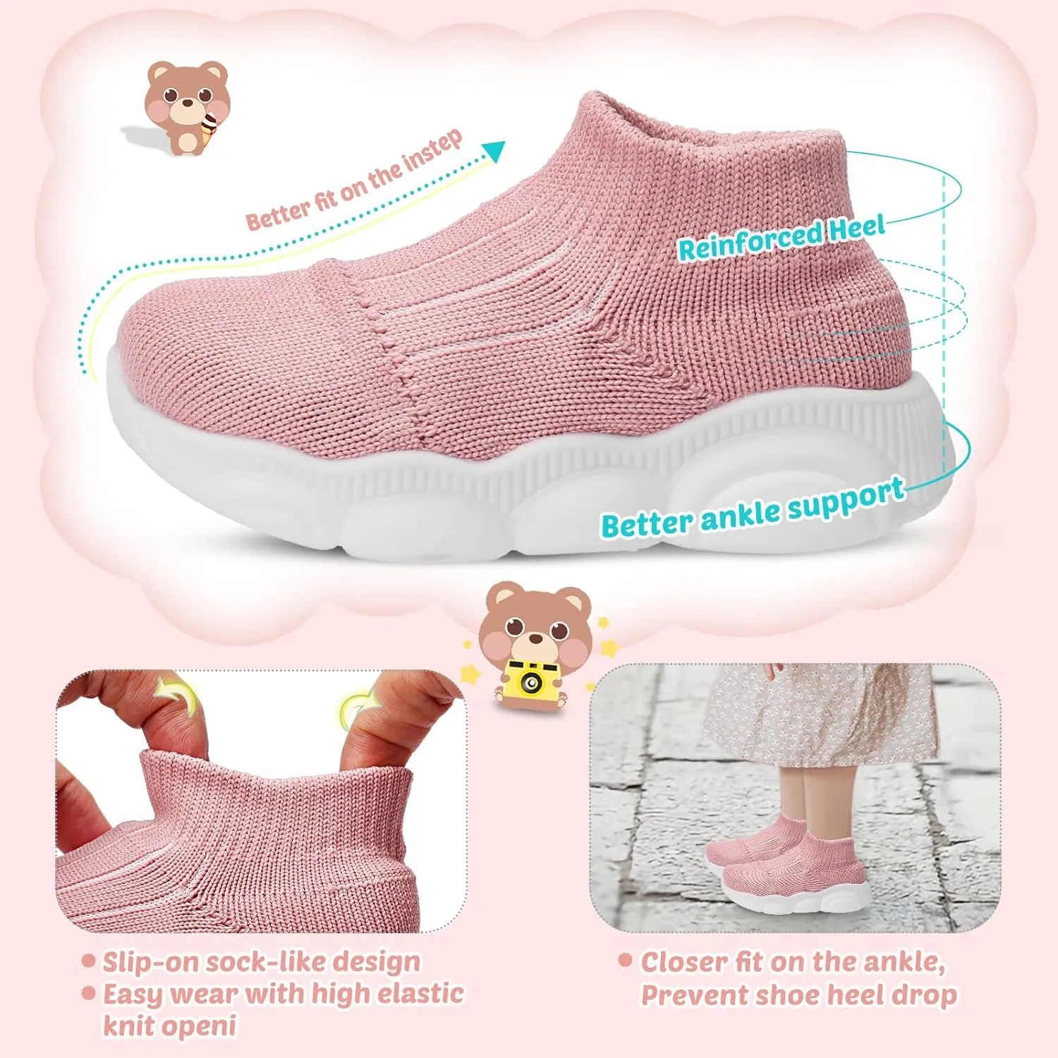 Toddler First Walking Safer Non-Slip Lightweight Wide Tennis Shoes Baby Slip on Breathable Sock Sneakers Infant Mesh Knitted Elastic Soft Sole Indoor Shoes 1-4 Years Boy Girls Outdoor Walkers Shoes