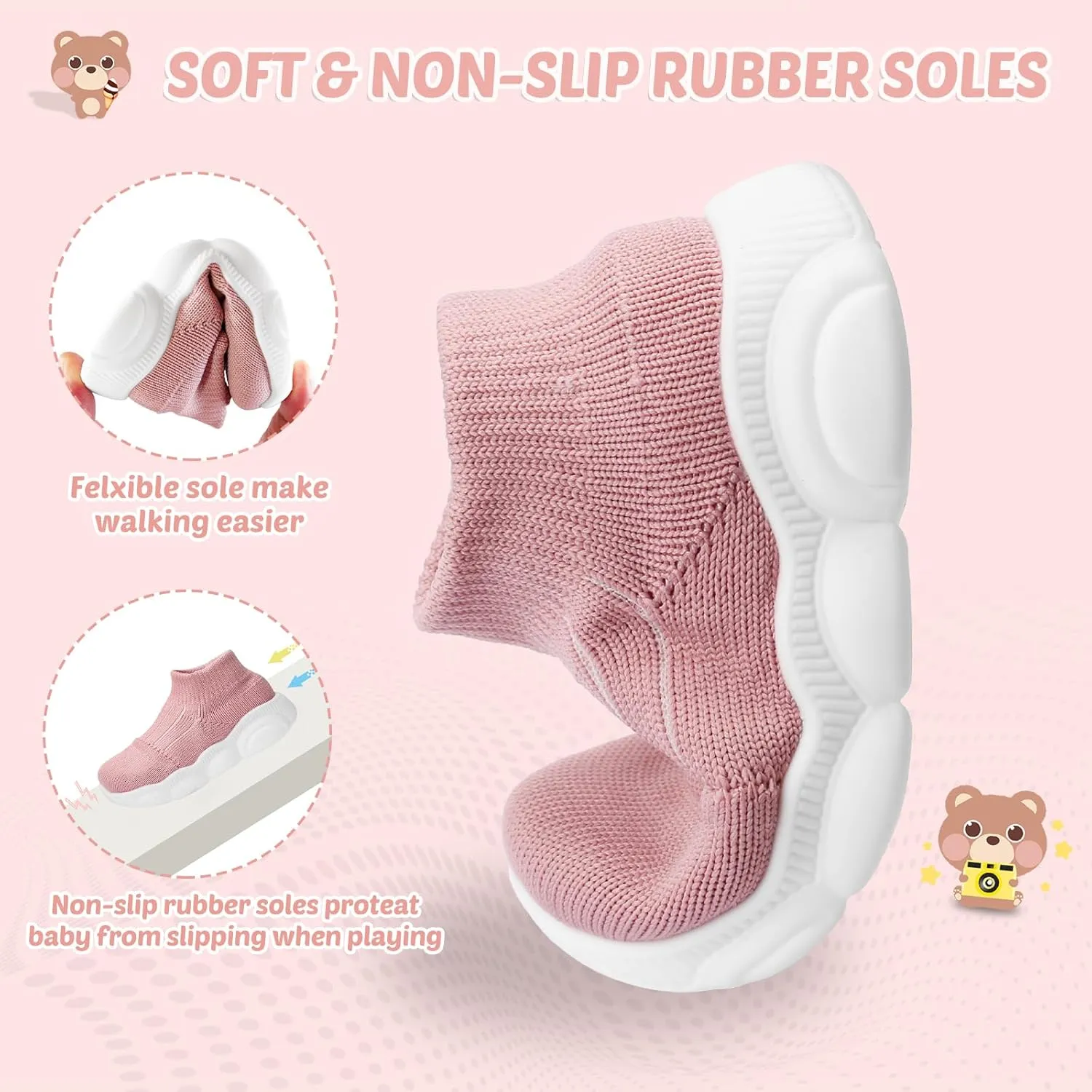 Toddler First Walking Safer Non-Slip Lightweight Wide Tennis Shoes Baby Slip on Breathable Sock Sneakers Infant Mesh Knitted Elastic Soft Sole Indoor Shoes 1-4 Years Boy Girls Outdoor Walkers Shoes