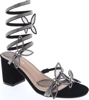 TOP Moda Diamond-29 Women's Butterfly Spiral Coil Wrap Dressy Block Heel Sandal, Non-slip sole, Rhinestone High Heel Sandals, For Wedding, Party, Prom, Evening Wear