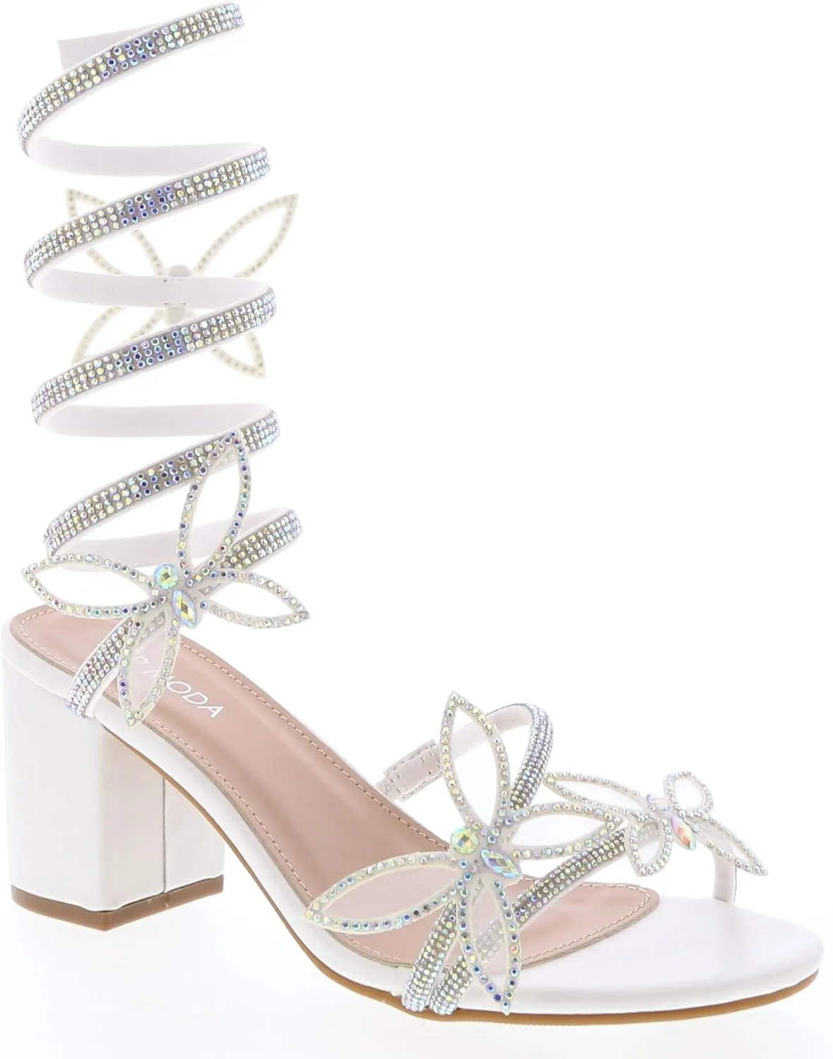 TOP Moda Diamond-29 Women's Butterfly Spiral Coil Wrap Dressy Block Heel Sandal, Non-slip sole, Rhinestone High Heel Sandals, For Wedding, Party, Prom, Evening Wear