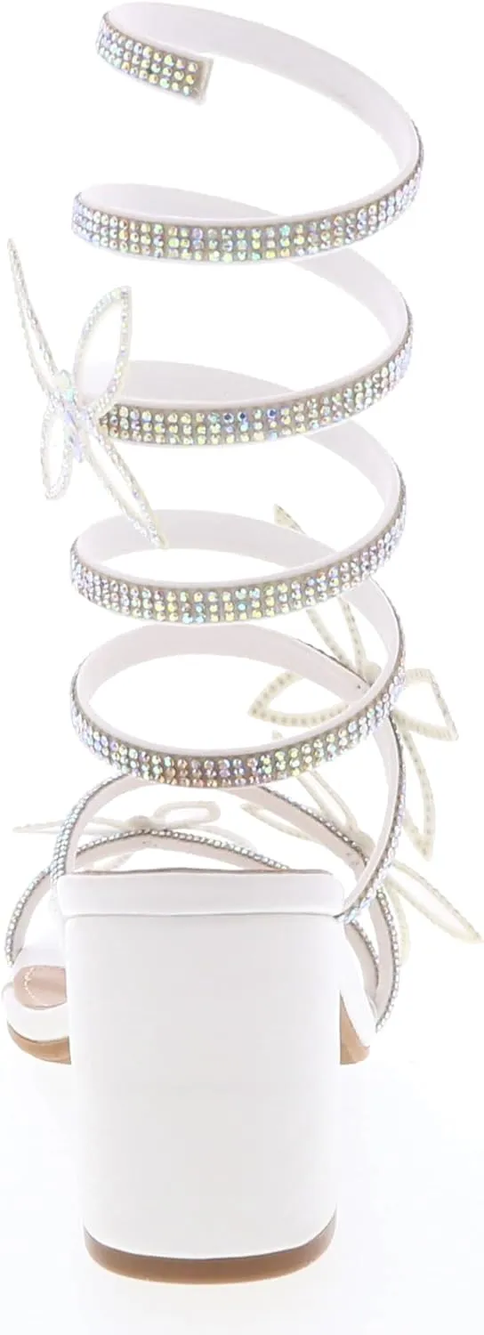 TOP Moda Diamond-29 Women's Butterfly Spiral Coil Wrap Dressy Block Heel Sandal, Non-slip sole, Rhinestone High Heel Sandals, For Wedding, Party, Prom, Evening Wear