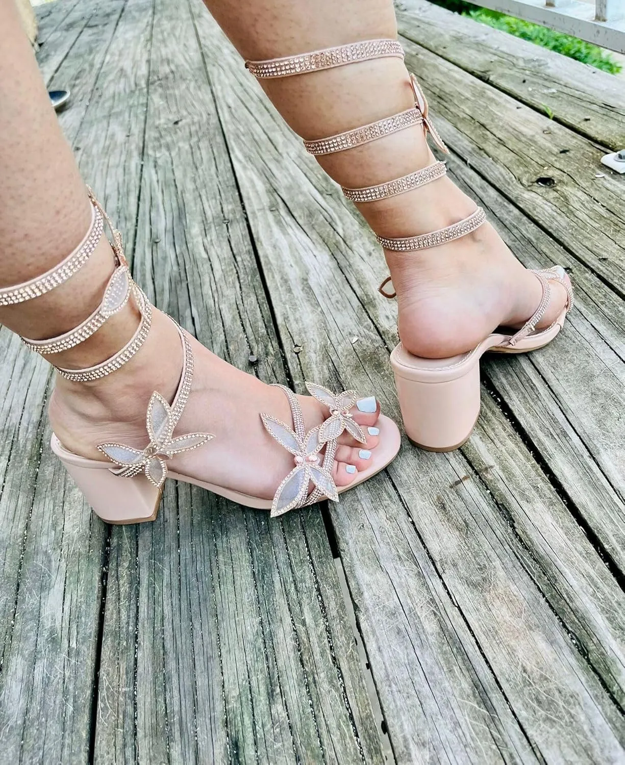 TOP Moda Diamond-29 Women's Butterfly Spiral Coil Wrap Dressy Block Heel Sandal, Non-slip sole, Rhinestone High Heel Sandals, For Wedding, Party, Prom, Evening Wear