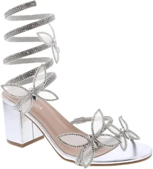 TOP Moda Diamond-29 Women's Butterfly Spiral Coil Wrap Dressy Block Heel Sandal, Non-slip sole, Rhinestone High Heel Sandals, For Wedding, Party, Prom, Evening Wear