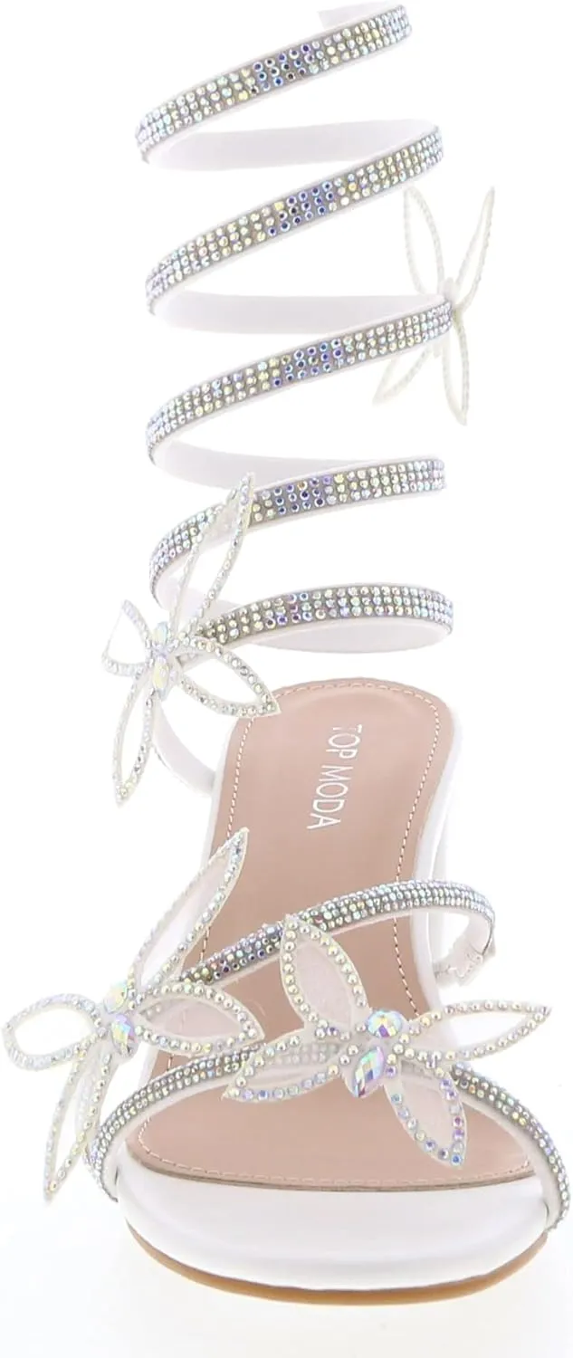 TOP Moda Diamond-29 Women's Butterfly Spiral Coil Wrap Dressy Block Heel Sandal, Non-slip sole, Rhinestone High Heel Sandals, For Wedding, Party, Prom, Evening Wear