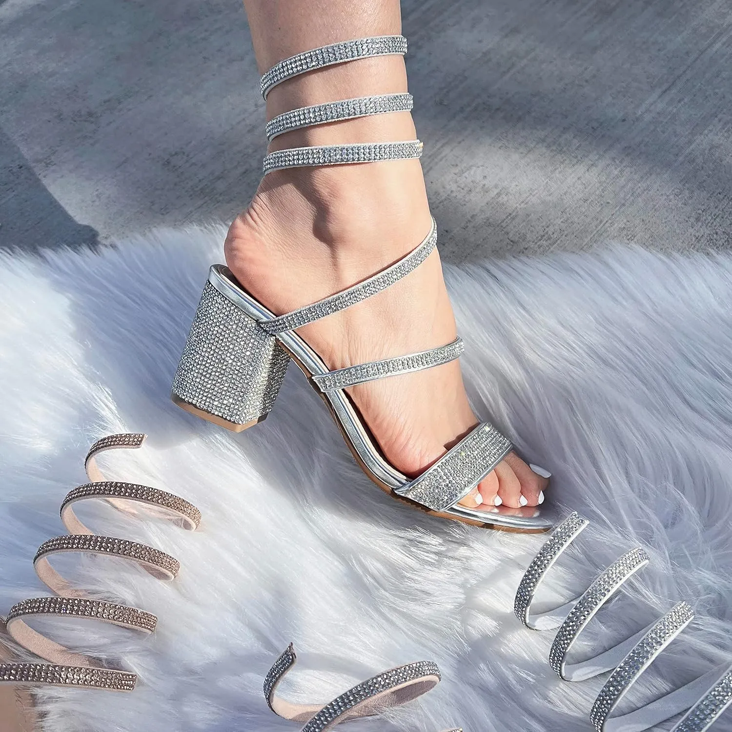 TOP Moda Women Rhinestone Coil Spiral Ankle Strap Block Heels Sandals