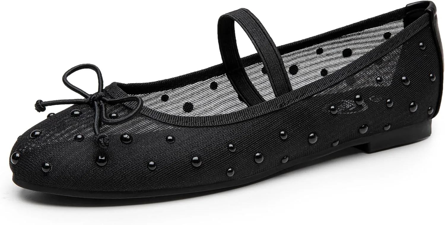 Trary Ballet Flats for Women Closed Round Toe Mary Jane Shoes Women Cute Bowknot Non-Slip Dressy Shoes Elastic Strap Comfortable Women's Flats for All-Year Daily Work Causal