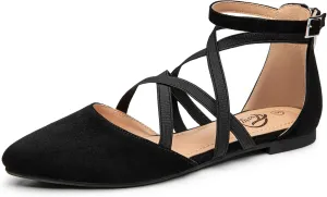 Trary Black Flats for Women, Mary Jane Shoes, Ballet Flats with Ankle Strap, Dressy Comfortable Pointed Toe Shoes