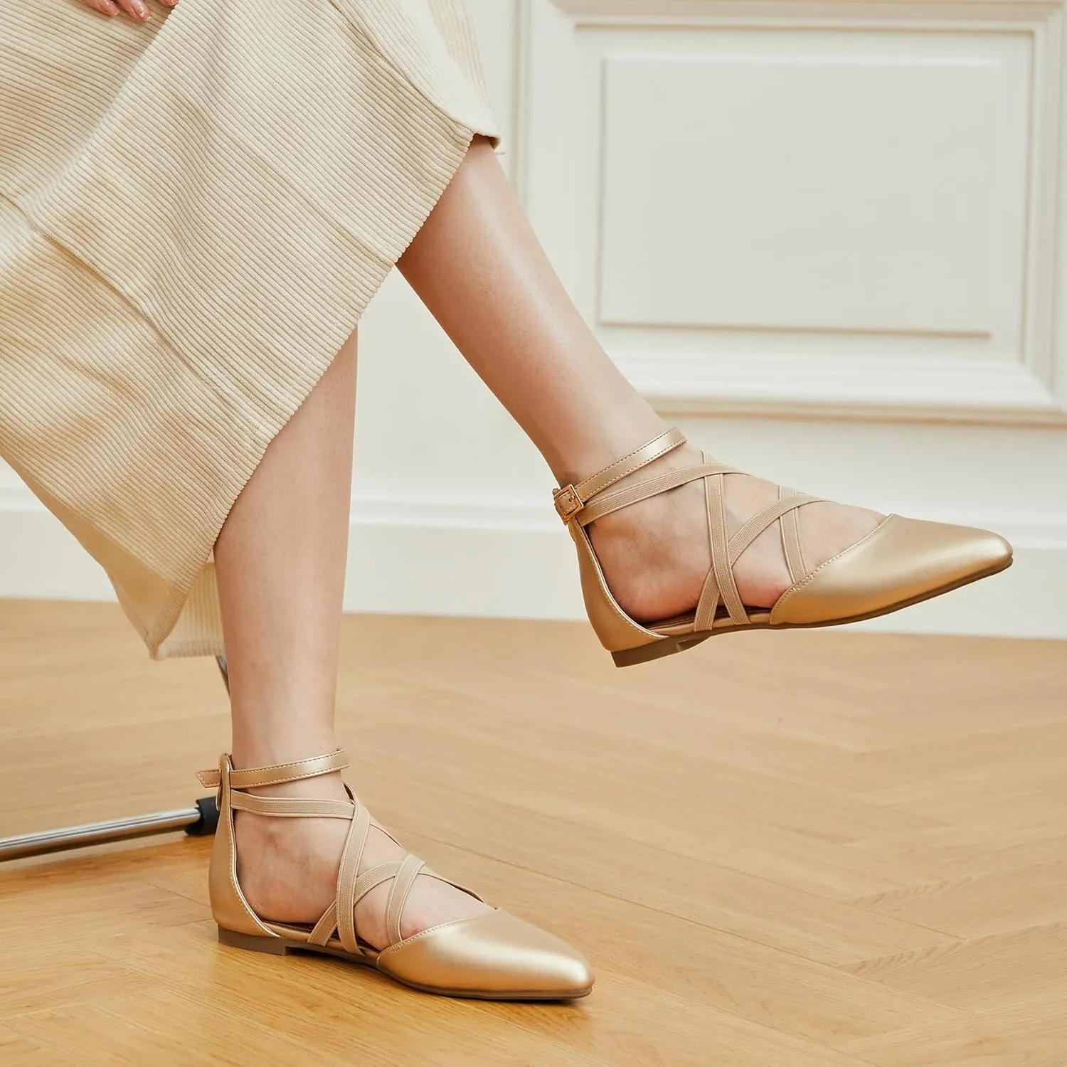 Trary Black Flats for Women, Mary Jane Shoes, Ballet Flats with Ankle Strap, Dressy Comfortable Pointed Toe Shoes