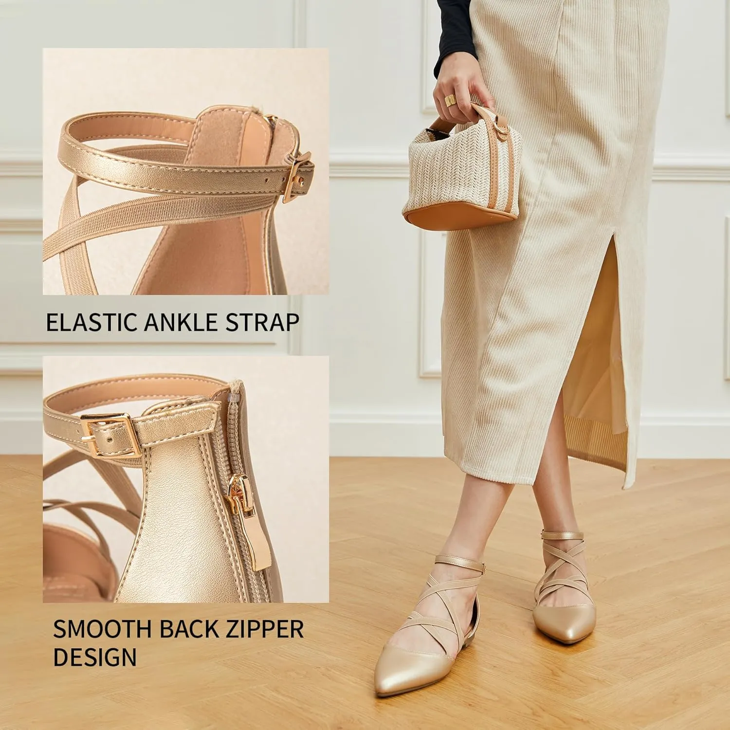 Trary Black Flats for Women, Mary Jane Shoes, Ballet Flats with Ankle Strap, Dressy Comfortable Pointed Toe Shoes