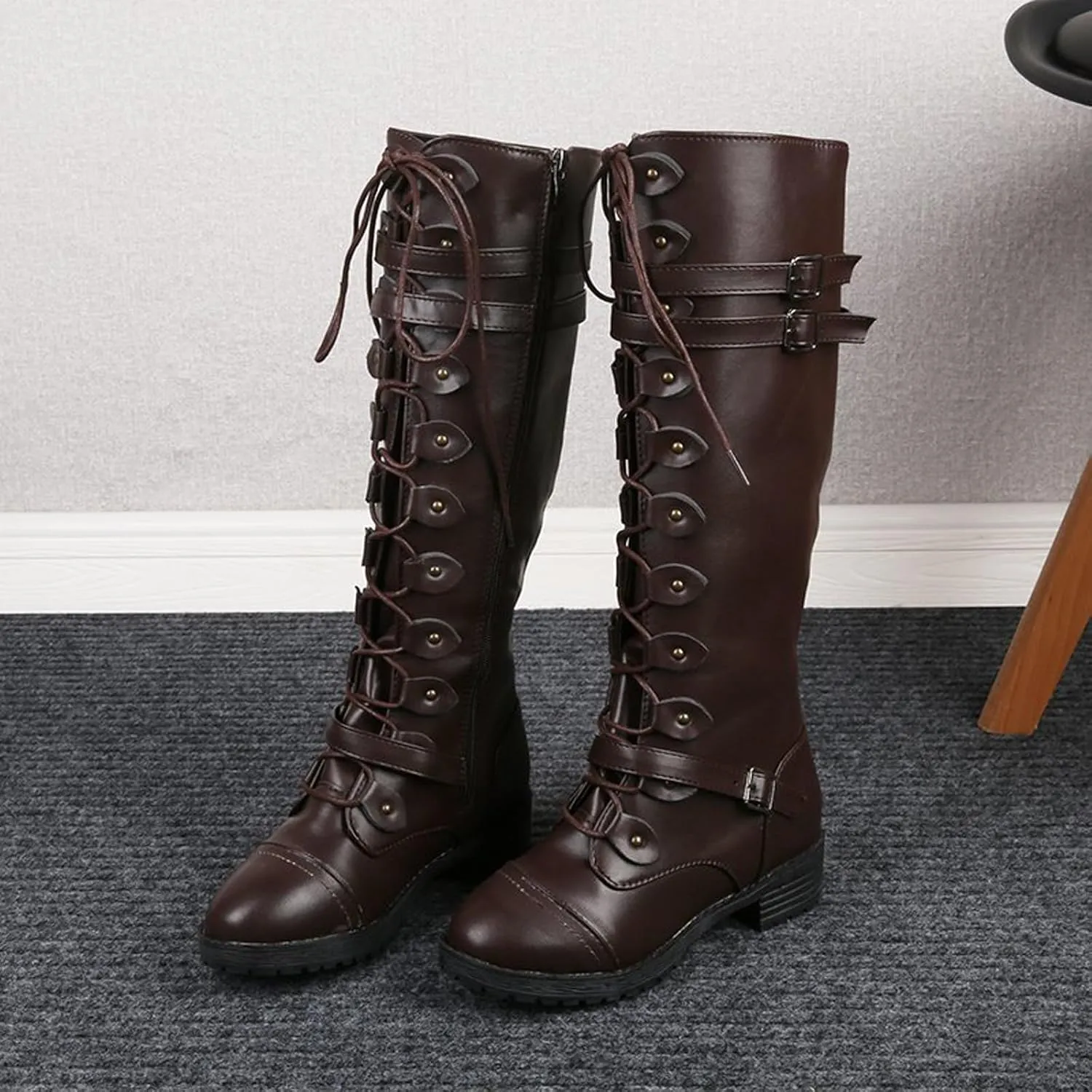 Traveltopp Women's Leather Lace-Up Knee Boots Fashion Studded Ankle Strap Trim Low Heel Knight Boots Winter Side Zipper Punk Combat Boots