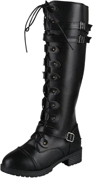 Traveltopp Women's Leather Lace-Up Knee Boots Fashion Studded Ankle Strap Trim Low Heel Knight Boots Winter Side Zipper Punk Combat Boots