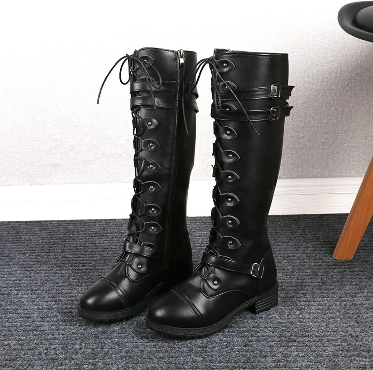 Traveltopp Women's Leather Lace-Up Knee Boots Fashion Studded Ankle Strap Trim Low Heel Knight Boots Winter Side Zipper Punk Combat Boots