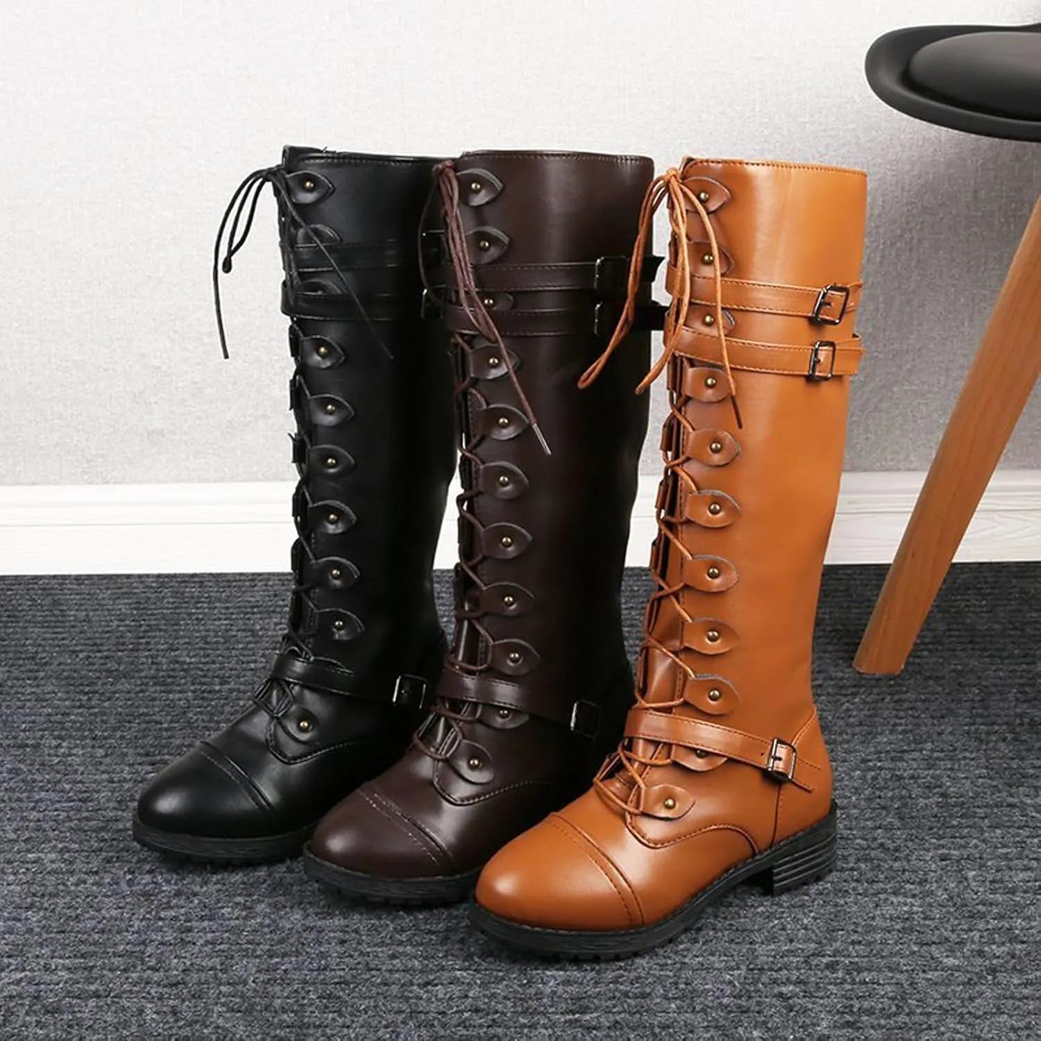Traveltopp Women's Leather Lace-Up Knee Boots Fashion Studded Ankle Strap Trim Low Heel Knight Boots Winter Side Zipper Punk Combat Boots