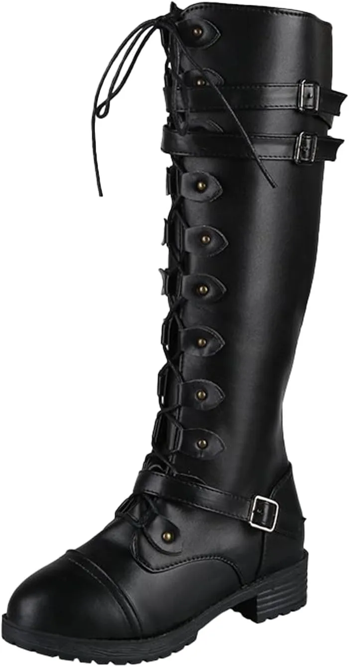 Traveltopp Women's Leather Lace-Up Knee Boots Fashion Studded Ankle Strap Trim Low Heel Knight Boots Winter Side Zipper Punk Combat Boots