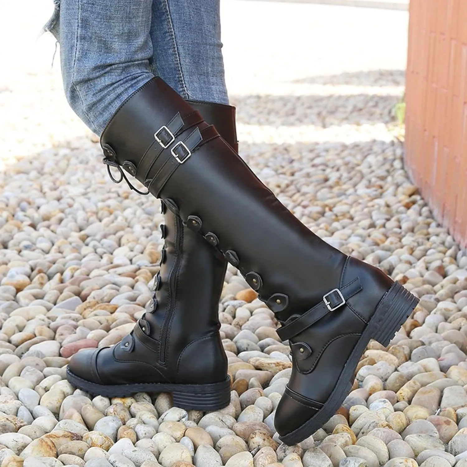 Traveltopp Women's Leather Lace-Up Knee Boots Fashion Studded Ankle Strap Trim Low Heel Knight Boots Winter Side Zipper Punk Combat Boots