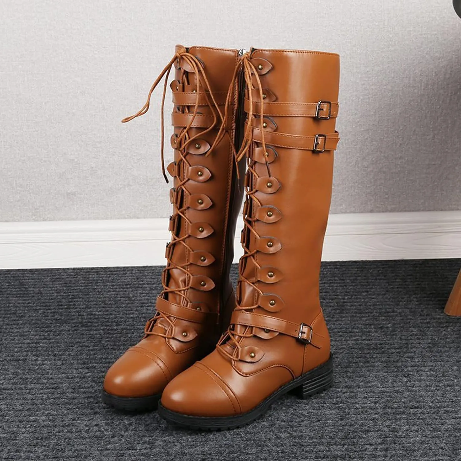 Traveltopp Women's Leather Lace-Up Knee Boots Fashion Studded Ankle Strap Trim Low Heel Knight Boots Winter Side Zipper Punk Combat Boots