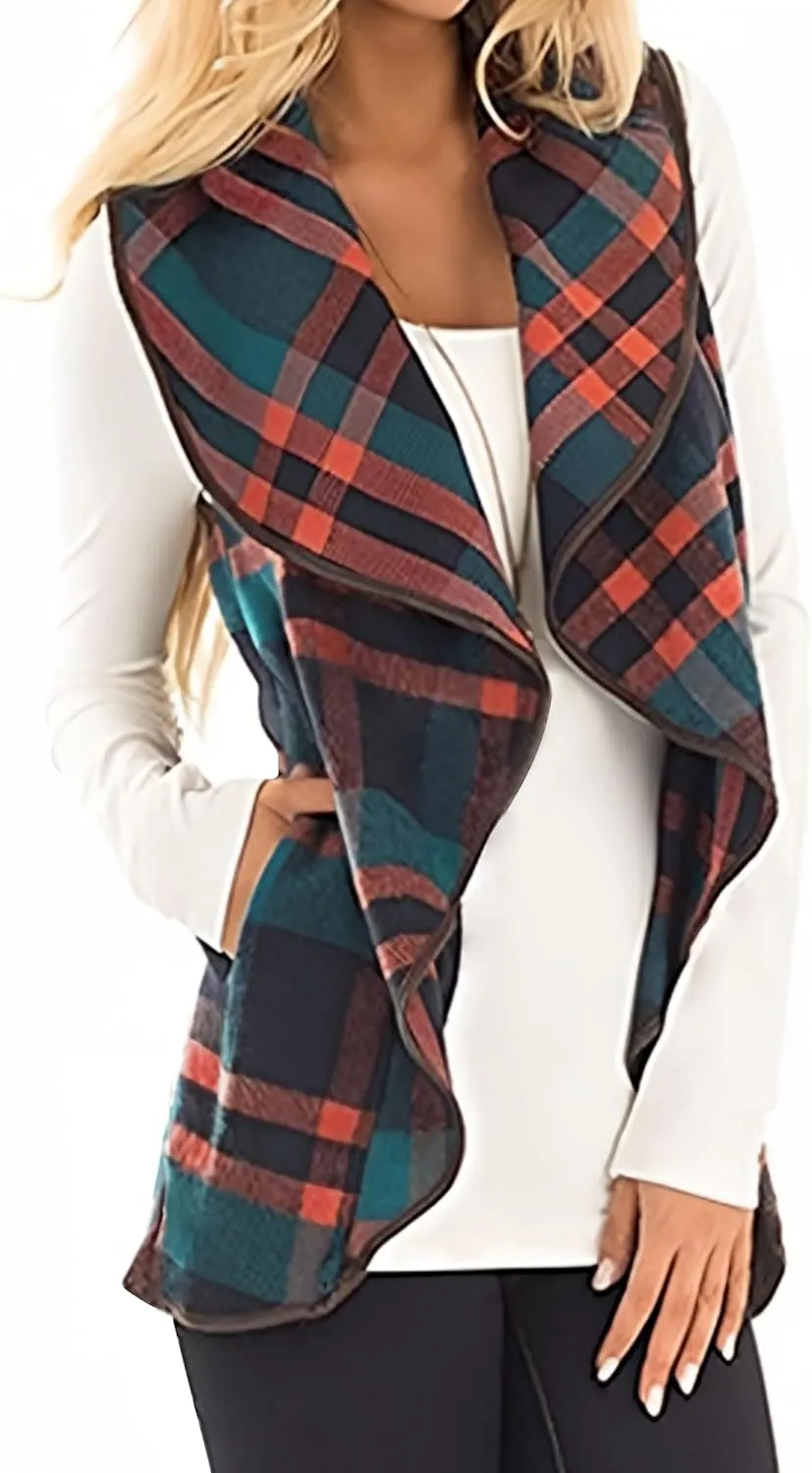 Unidear Womens Buffalo Plaid Vest Casual Lapel Open Front Sleeveless Cardigan Jacket Coat with Pockets